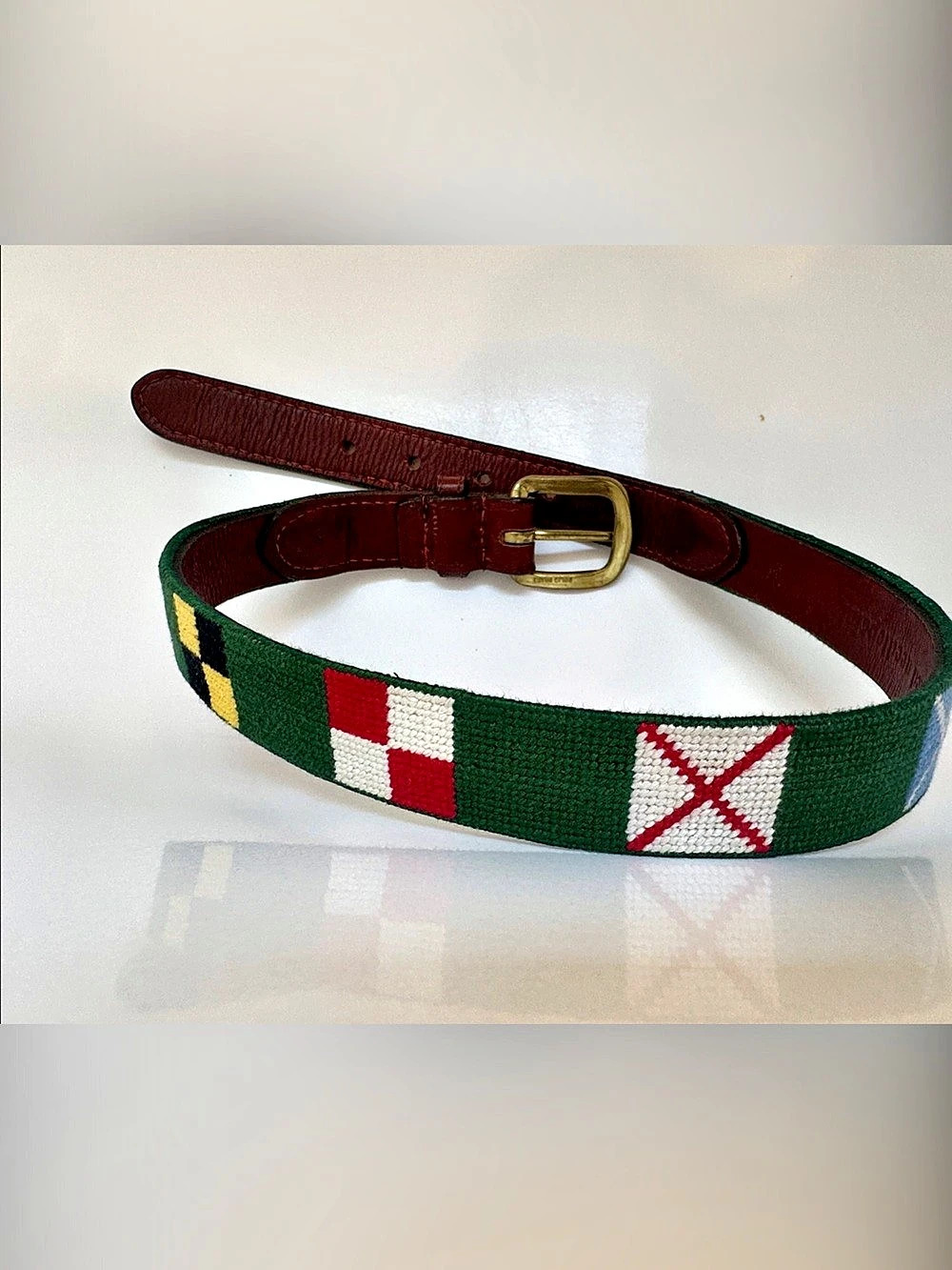Smathers & Branson Kids Signal Flag Needlepoint Belt Green & Burgundy